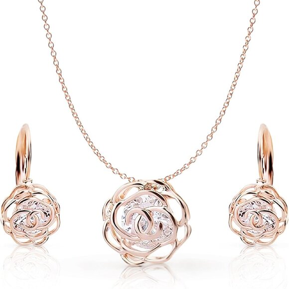 Jewelry - Women Crystal Rose Gold Necklace Earrings Set Bridal Wedding Party Accessories